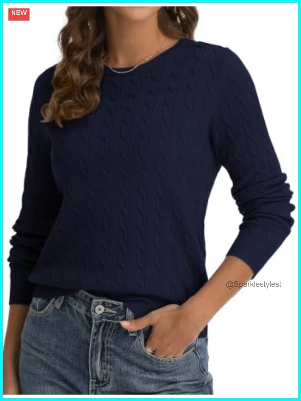 Cable Knit Sweater Womens Lightweight Long Sleeve Pullover V Neck Crew Neck